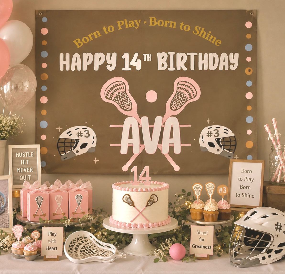 A hand-painted lacrosse-themed birthday banner styled above a dessert table