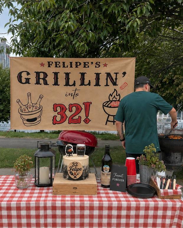 Hand-painted birthday banner reading Felipe's Grillin' into 32